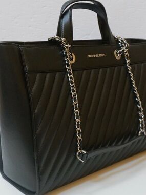 Michael Kors Black Quilted Leather Tote with Chain-Strap Handles